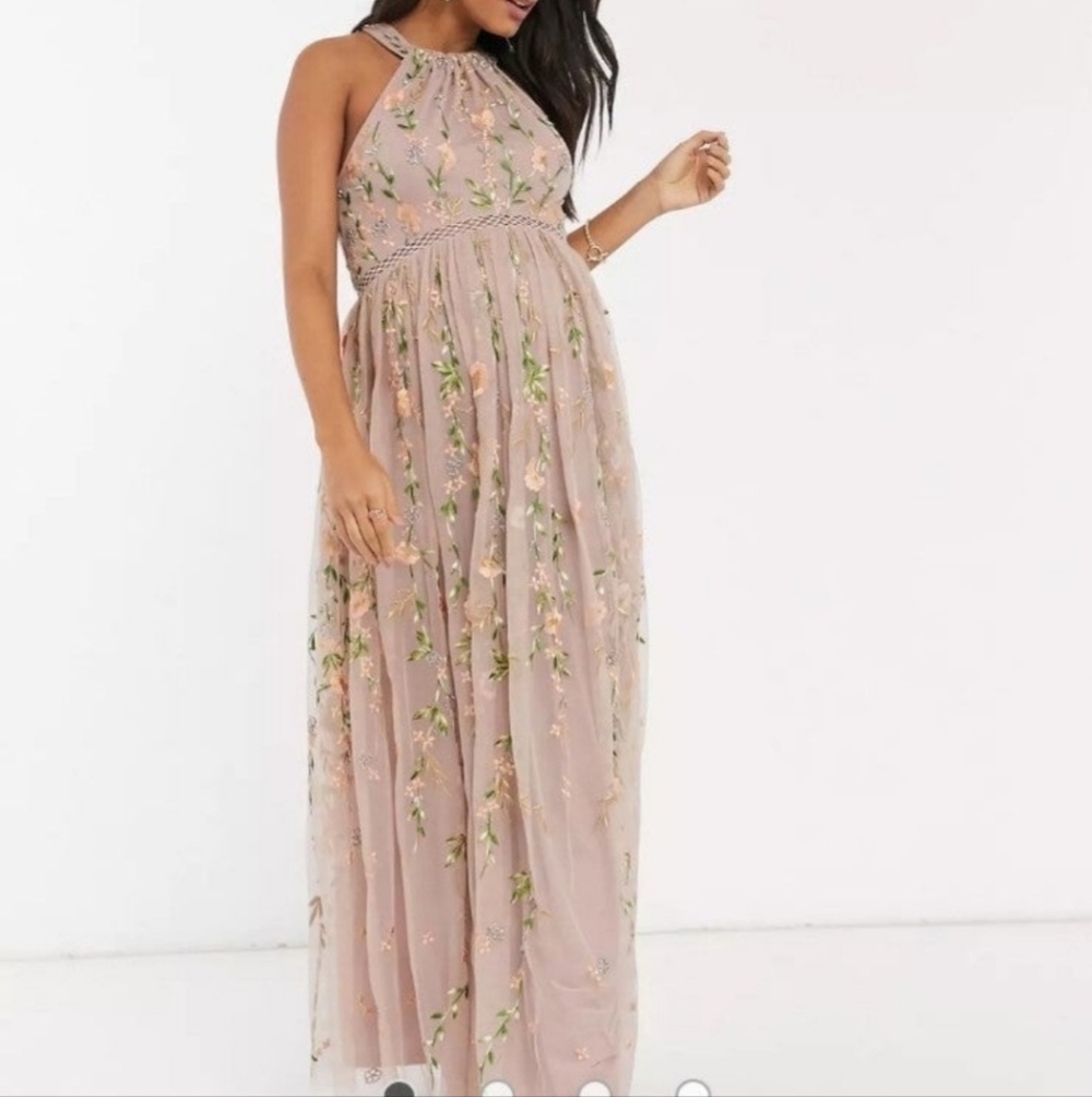 ASOS Maternity Halterneck Pink Floral Maxi Dress